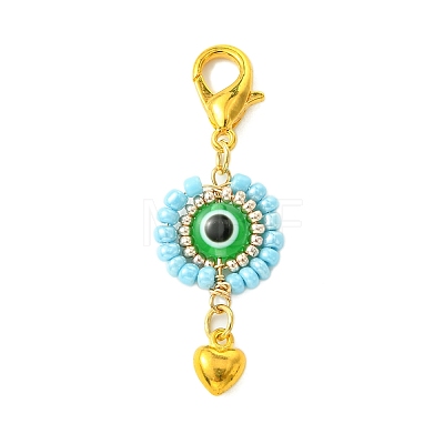 Flat Round with Evil Eye Resin & Glass Seed Pendant Decorations HJEW-MZ00095-01-1