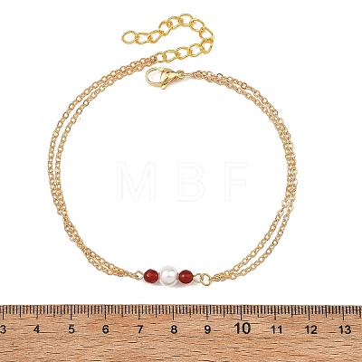White Round Shell Pearl & Natural Carnelian Beads Anklets AJEW-AN00835-02-1