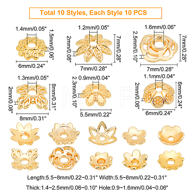   100Pcs 10 Style Brass Bead Caps FIND-PH0005-43-1