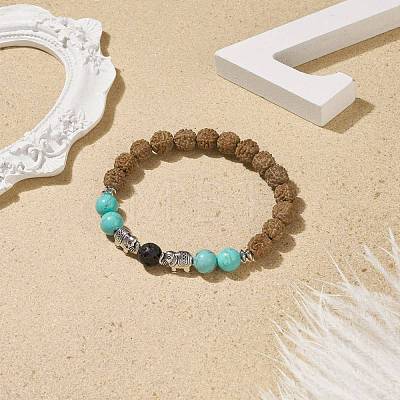 Natural Rudraksha Wood & Lava Rock & Synthetic Green Turquoise(Dyed) Stretch Bracelet with Alloy Elephant BJEW-TA00152-1