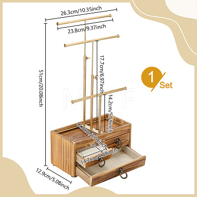 3-Tier Iron T Bar Jewelry Dispaly Tower Stands with 3 Wooden Drawers ODIS-WH0038-322-1