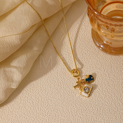 Brass Crystal Rhinestone Enamel Earth Airplane Camera Pendant Necklaces for Women WGA9EC1-01-1