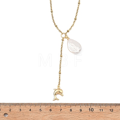 Summer Natural Baroque Keshi Pearl & 304 Stainless Steel Sea Animal Pendant Satellite Chain Y Lariat Necklaces NJEW-JN06049-02-1