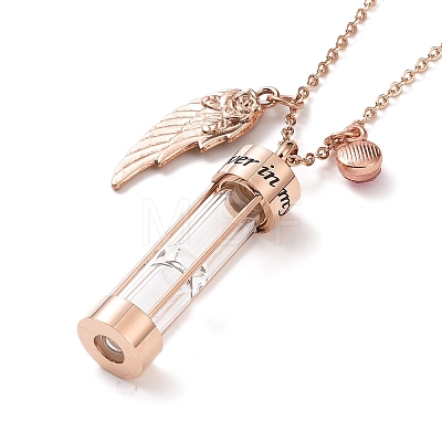 Glass Hourglass and Wing Urn Ashes Pendant Necklace with Rhinestone BOTT-PW0001-034RG-1