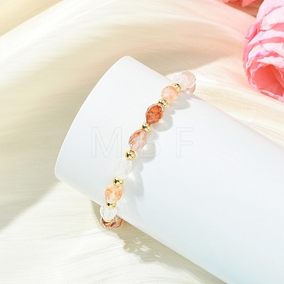 Rice Natural Ferruginous Quartz & Round Brass Beads Stretch Bracelets for Women BJEW-JB13817-1