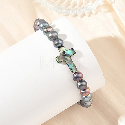 Dyed Natural Cultured Freshwater Pearl Round Beaded Bracelets with Religion Cross Natural Paua Shell for Women BJEW-JB14274-1