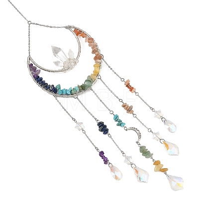 Chakra Natural & Synthetic Gemstone Chips & Metal Moon Suncatchers HJEW-TA00504-1