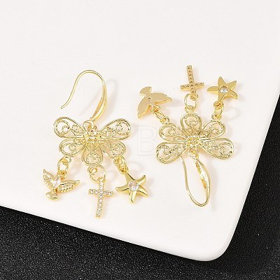 Cross with Bird & Starfish Brass Clear Cubic Zirconia Dangle Earrings EJEW-H182-01G-1