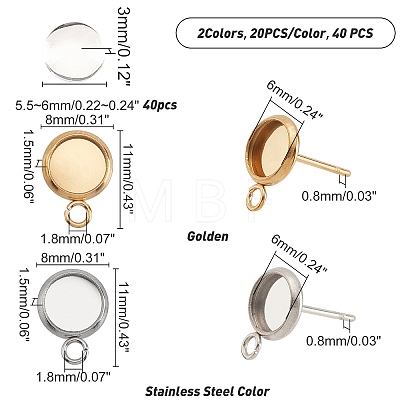 AHADERMAKER 40Pcs 2 Color Ion Plating(IP) 304 Stainless Steel Stud Earring Settings STAS-GA0001-25-1