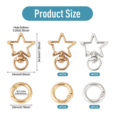 10Pcs 2 Colors Star Alloy Swivel Snap Hook Clasps & 10Pcs 2 Colors Alloy Spring Gate Rings Findings Kits FIND-TADJ0001-24-1