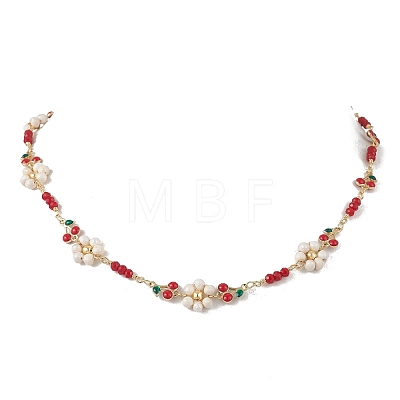 Natural Cultured Freshwater Pearl Beaded Flower and Brass Enamel Cherry Link Chain Necklaces NJEW-JN06292-1