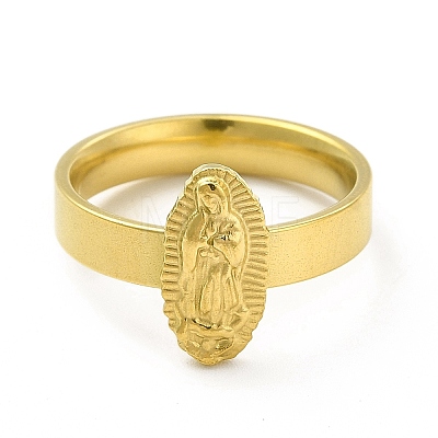 PVD Vacuum Plating 304 Stainless Steel Oval with Virgin Mary Finger Ring for Women RJEW-A013-02G-02-1