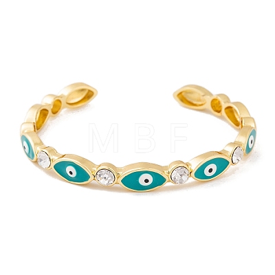 Horse Eye Brass Pave Clear Cubic Zirconia Evil Eye Open Cuff Bangles with Enamel for Women BJEW-S147-06G-01-1