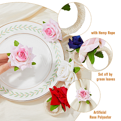 HOBBIESAY 8Pcs 4 Style Artificial Rose Polyseter Napkin Rings DJEW-HY0001-02-1