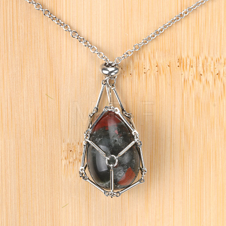 Natural African Bloodstone Easter Egg Cage Pendant 304 Stainless Steel Cable Chain Necklaces FS-WGA333C-18-1