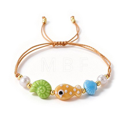 Summer Beach Handmade Porcelain Fish Shell Shape and Plastic Pearl Braided Bead Bracelets for Women WG2D1DA-03-1
