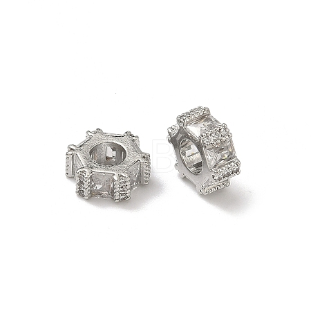 Hexagon Brass Clear Cubic Zirconia European Beads KK-D228-06P-1