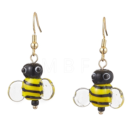 Bees Glass with Brass Dangle Earrings for Women EJEW-TA00548-1