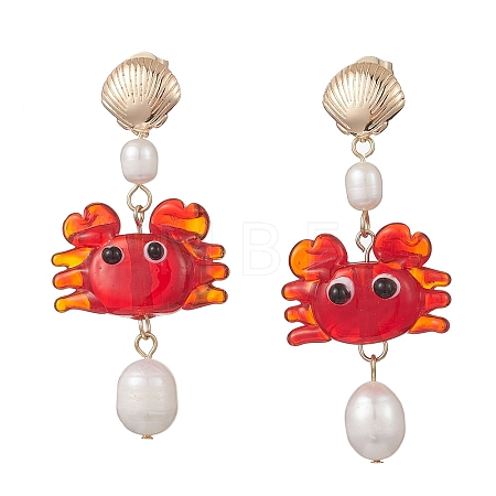 Crab Handmade Lampwork Dangle Stud Earrings EJEW-TA00761-1