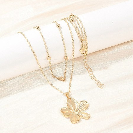 Alloy Flower Pendant with Iron Chain Double Layer Necklaces for Women NJEW-A066-02G-1
