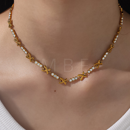 304 Stainless Steel Crystal Rhinestone X Shaped Link Chain Necklaces for Women WG9D37B-02-1