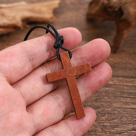 Adjustable Wood Religion Cross Pendant Black Waxed Cord Necklaces for Women Men FS-WGC7380-01-1