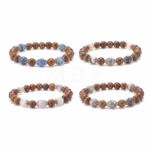 Natural Wenge Wood & Gemstone Round Beaded Stretch Bracelet for Women BJEW-JB07935-1