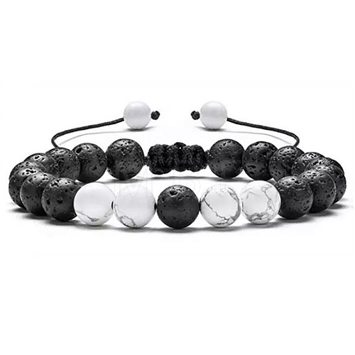 Adjustable Handstring Round Natural Howlite & Lava Rock Yoga Braided Bead Bracelets for Women Men LN5324-2-1