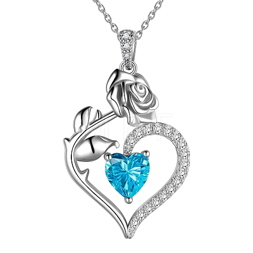 Rhodium Plated 925 Sterling Silver Pave Cubic Zirconia Rose Heart Birthstone Pendant Cable Chain Necklaces PW-WGEE50C-12-1