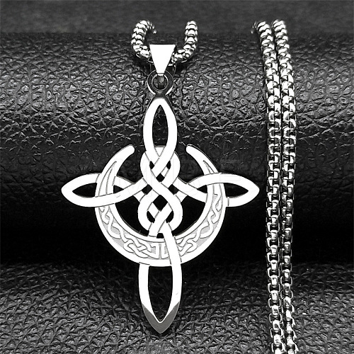 304 Stainless Steel Viking Knot Cross with Moon Pendant Necklaces for Men NJEW-S440-09P-1