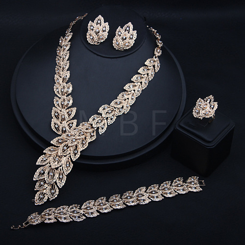 Feather Alloy Crystal Rhinestone Link Bracelets & Stud Earrings & Chain Necklaces & Rings Sets FS-WGFA57F-02-1