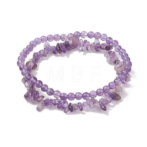 Chip & Round Natural Amethyst Beaded Stretch Bracelets for Women BJEW-JB10189-03-1