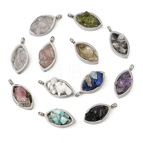 Natural Mixed Stone Chip 304 Stainless Steel Horse Eye Pendants KK-P300-13P-1