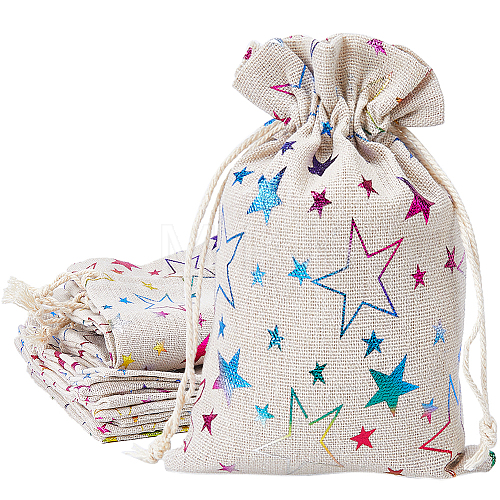 Christmas Jute Cloth Star Print Storage Pouches ABAG-WH0048-12A-1