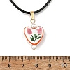 Printed Porcelain Heart Penant Black Waxed Cord Necklace for Women NJEW-JN06482-4