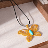 Alloy with Synthetic Turquoise Hollow Butterfly Pendant Black Waxed Cord Long Necklaces for Women FS-WG6109F-01-1