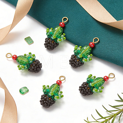 5Pcs Glass Seed Beaded Cactus Pendants PALLOY-SZ00064-1