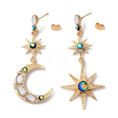 Rhinestone Moon & Star Asymmetrical Earrings EJEW-WH0004-56-1