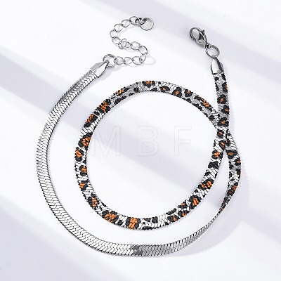 304 Stainless Steel Leopard Print Flat Snake Chain Necklaces for Women NJEW-A044-02A-P-1