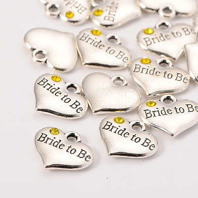 Wedding Theme Antique Silver Tone Tibetan Style Heart with Bride to Be Rhinestone Charms TIBEP-N005-10E-1