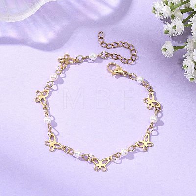 304 Stainless Steel & Shell Pearl Link Bracelets for Women BJEW-JB14096-1