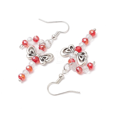 Christmas Bowknot Candy Cane Electroplated Glass Bead & Alloy Dangle Earrings EJEW-TA00502-1