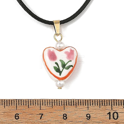 Printed Porcelain Heart Penant Black Waxed Cord Necklace for Women NJEW-JN06482-1