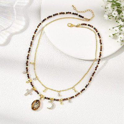 Natural Tiger Eye Oval Pendant Brass Cable Chain Double Layer Necklaces for Women NJEW-JN06196-1