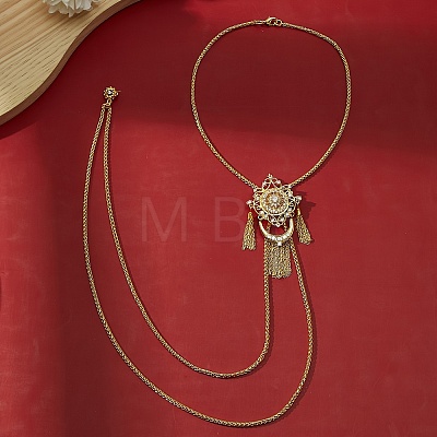 Elegant Brass Pave Clear Cubic Zirconia Flower Long Tassel Lariat Necklaces Brooches for Women OD2004-1