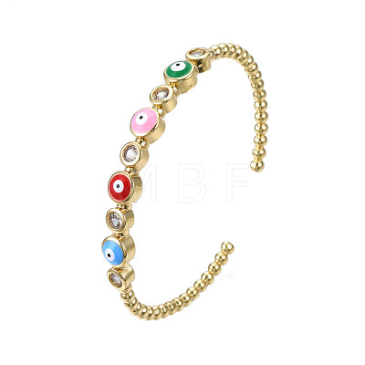 Enamel Flat Round with Evil Eye Open Cuff Bangle with Clear Cubic Zirconia BJEW-N012-021C-1