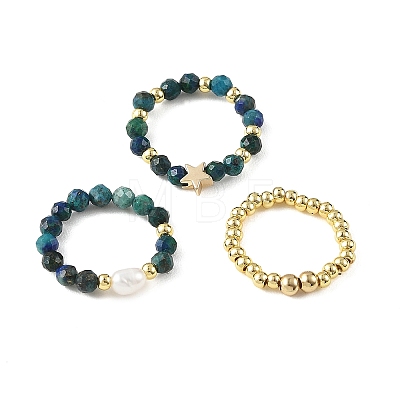 3 Pcs Natural Gemstone & Cultured Freshwater Pearl & Brass Beaded Stretch Ring Set RJEW-JR01084-1