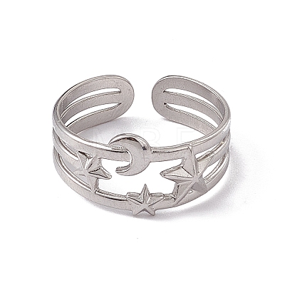 Non-Tarnish 304 Stainless Steel Star & Moon Open Cuff Ring for Women RJEW-C045-13P-1