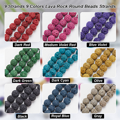  9 Strands 9 Colors Natural Lava Rock Round Beads Strands G-NB0005-37-1