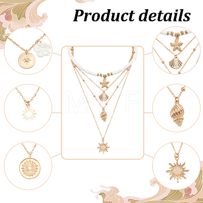 6Pcs 6 Style Sun & Flower & Shell Shape Pendant Alloy Multi Layered Necklaces Sets NJEW-AN0001-37-1